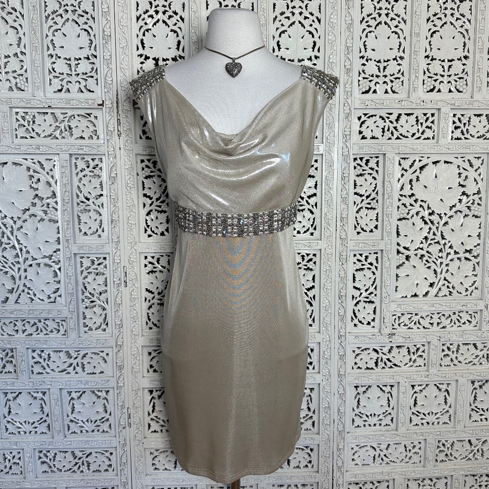 David Meister NWT Light Gold Metallic Sequin‎ Fairy Core Cowl Neck Formal Dress
